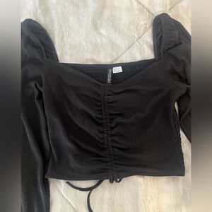 H&M Black Ruched Tie Front Crop Blouse